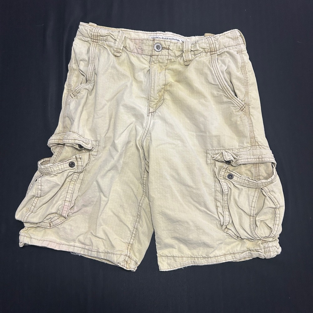 American Eagle Longboard Cargo Shorts Mens 32 Khaki Tan Ripstop Y2K Cotton